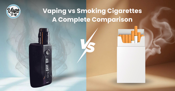 Vaping vs smoking cigarettes comparison showing a vape device and cigarette pack with contrasting smoke effects.